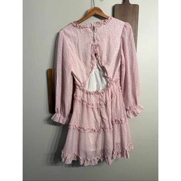 Elegant Pink Leopard Print V-Neck Long Sleeve Ruffle Bohemian Mini Dress Size XS - Picture 2 of 4